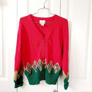Red & Green Argyle Cardigan Sweater size Large Susan Bristol‎ "Ugly" Christmas